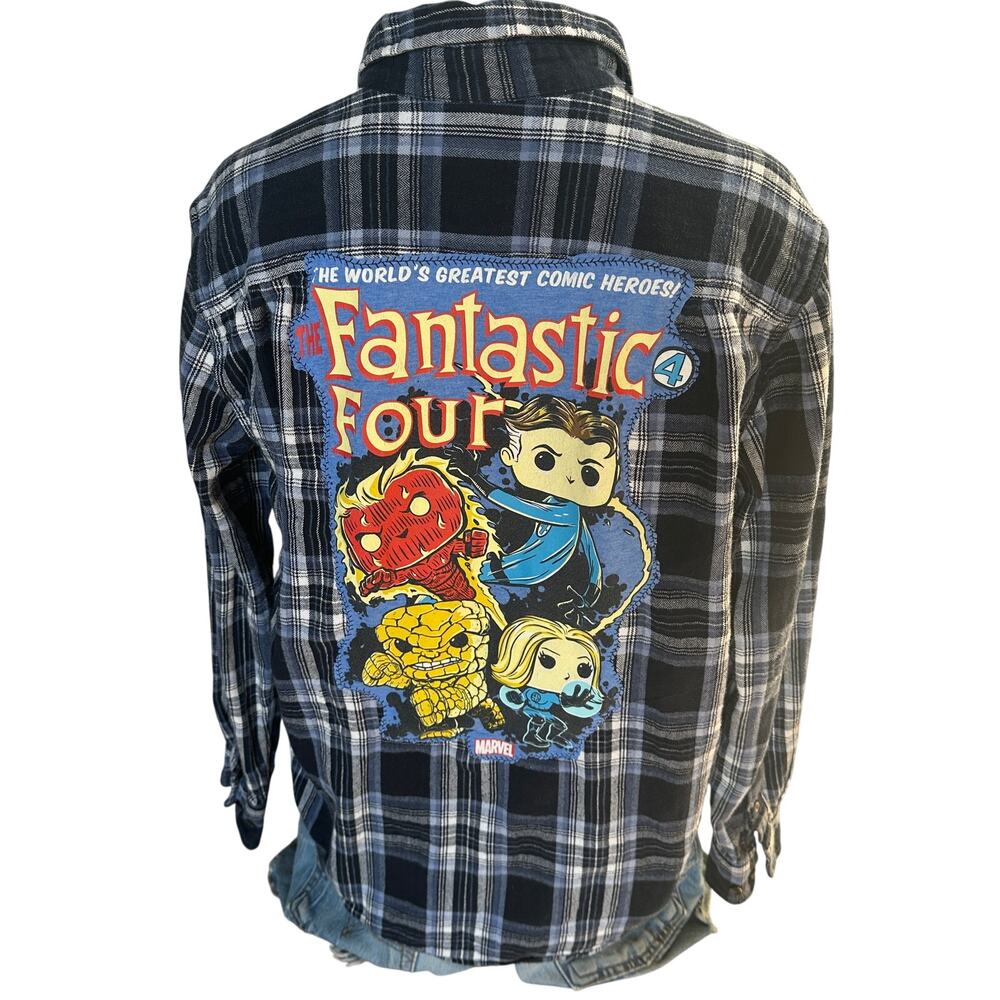 Fantastic Four Plaid Flannel Shirt SMALL Oversized Funko Pop Unique Marvel